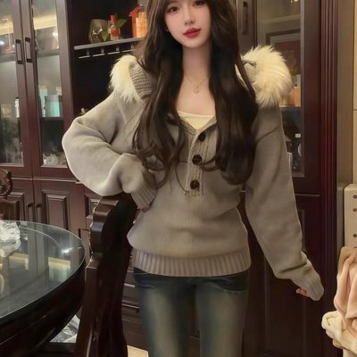 灰色毛领软糯风连帽毛衣女冬季加厚慵懒松弛感毛线衣宽松针织上衣