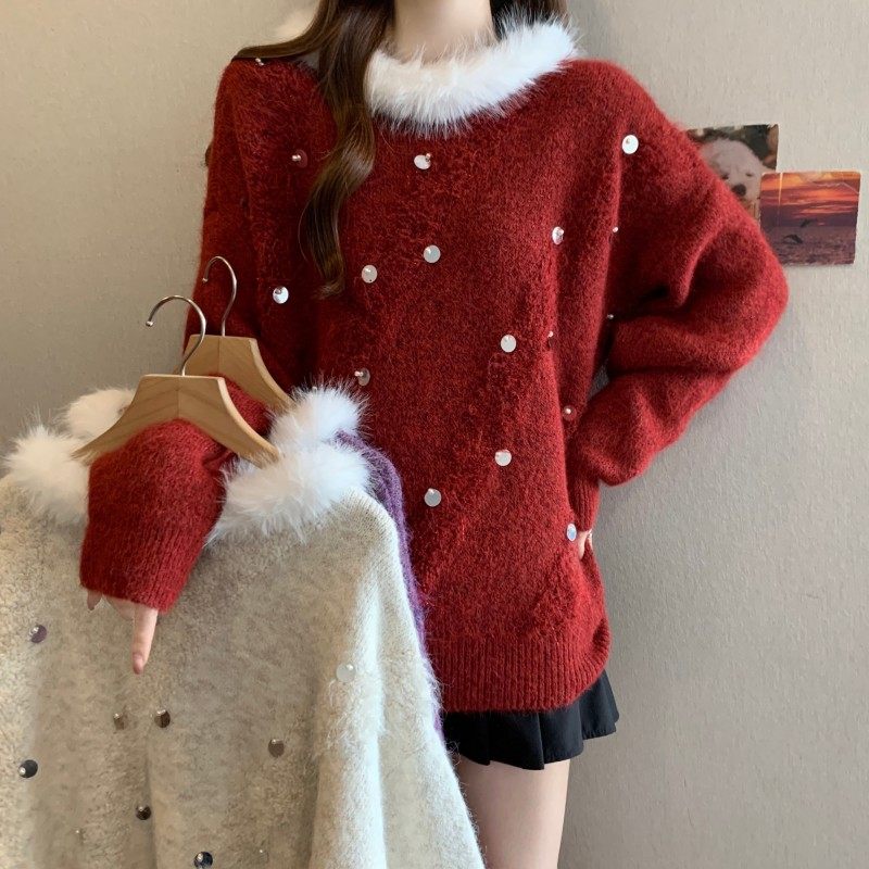 实拍~ 大码胖MM秋冬新款过年红重工钉钻毛领套头长袖上衣毛衣,女装/女士精品,大码内搭,淘宝优惠券,粉丝福利购,淘宝优惠卷