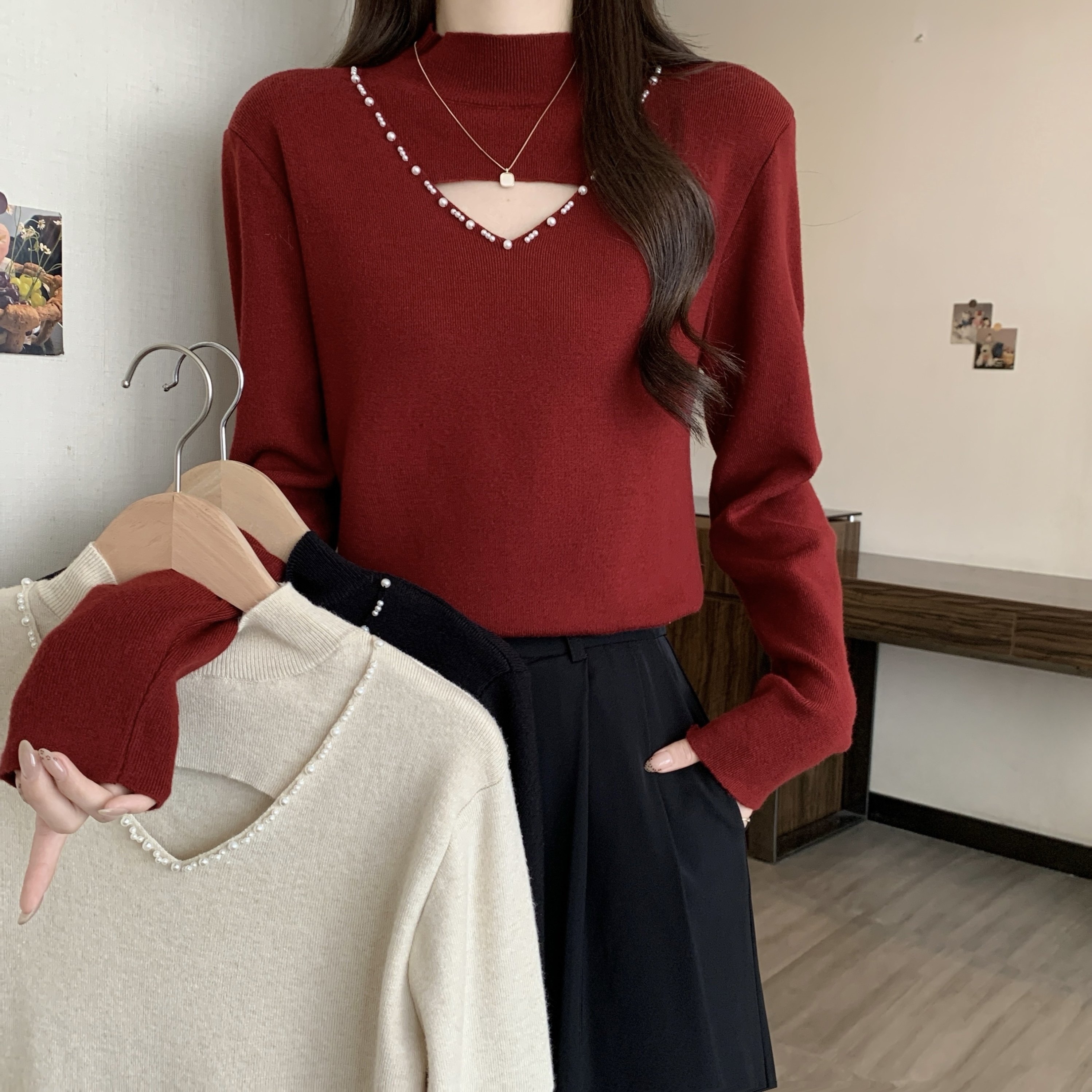 实拍大码半高领镂空毛衣女春秋胖MM高级感重工钉珠上衣内搭打底衫,女装/女士精品,大码内搭,淘宝优惠券,粉丝福利购,淘宝优惠卷