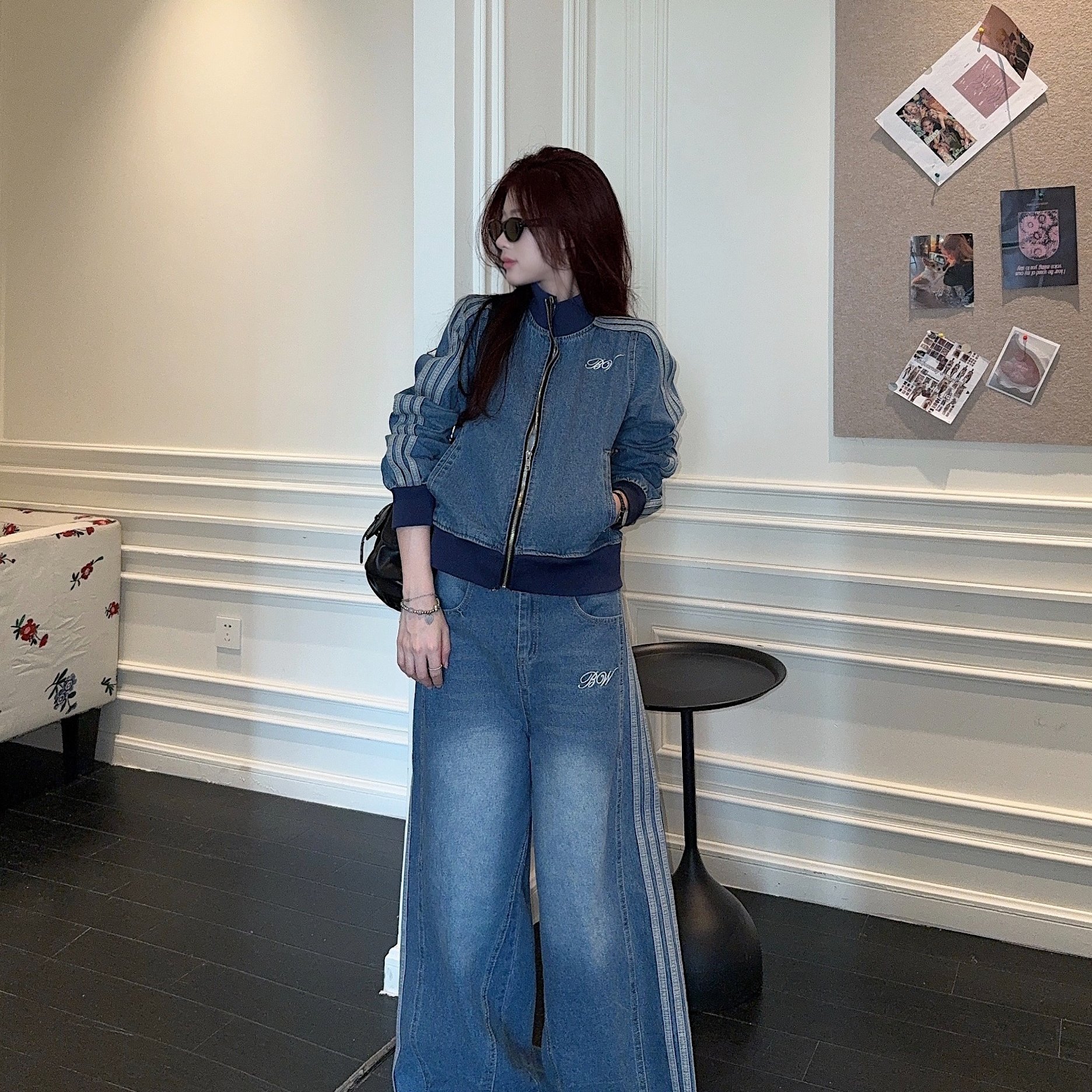 实拍实价 港风牛仔套装穿搭短款蓝色长袖立领开衫卫衣女装两件套