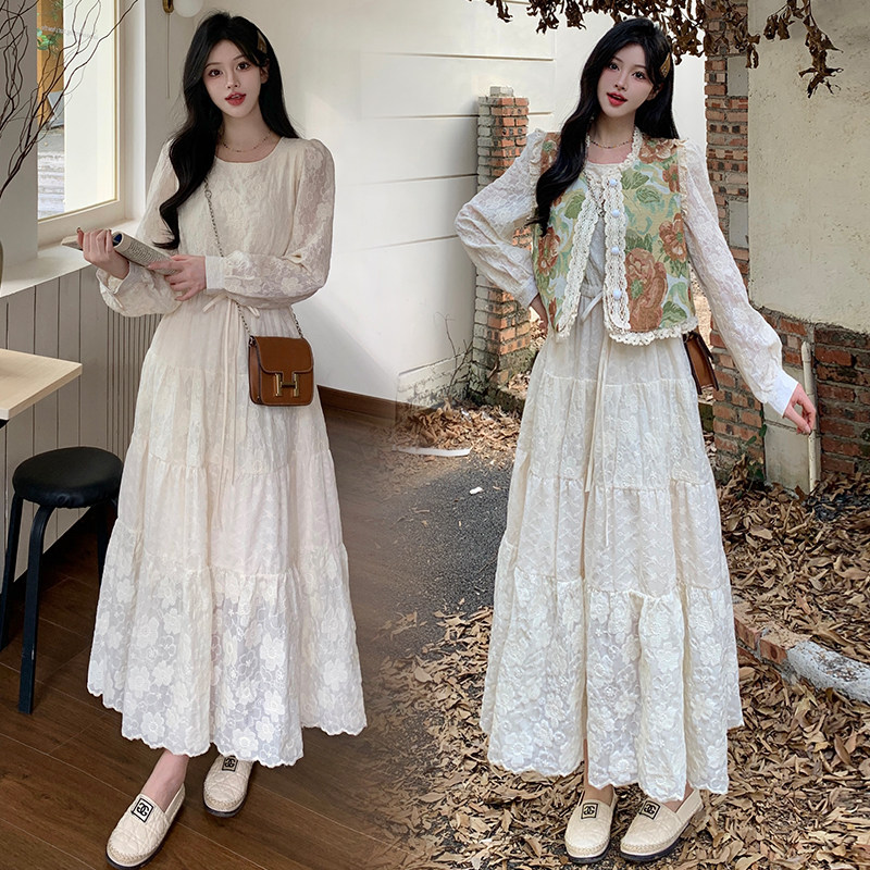 实拍 提花加绒连衣裙马甲套装2025冬季新款法式仙女裙大码两件套,女装/女士精品,大码套装,淘宝优惠券,粉丝福利购,淘宝优惠卷
