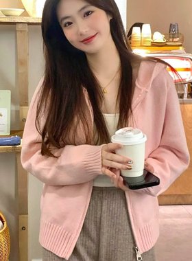 奶fufu慵懒蓝色双拉链连帽针织开衫女秋冬设计感短款毛衣外套早春