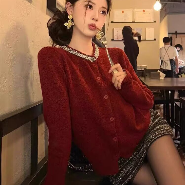 2025套装女装秋冬季小香风红色针织衫毛衣新年亮片裙子气质一整套,女装/女士精品,时尚套装,淘宝优惠券,粉丝福利购,淘宝优惠卷