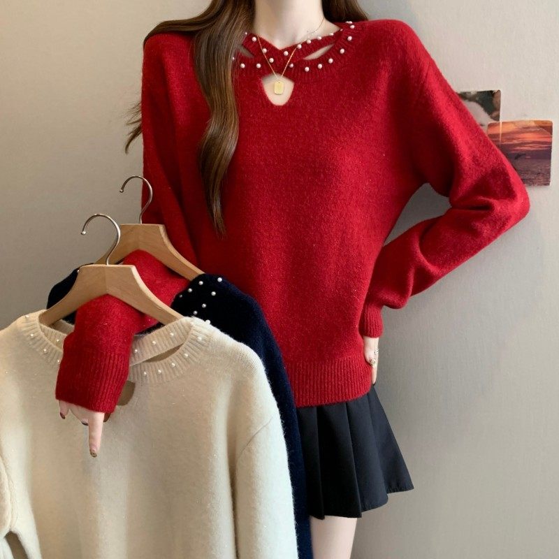 实拍~ 大码胖MM秋冬新款过年红镂空钉钻交叉领长袖正肩套头毛衣,女装/女士精品,大码内搭,淘宝优惠券,粉丝福利购,淘宝优惠卷