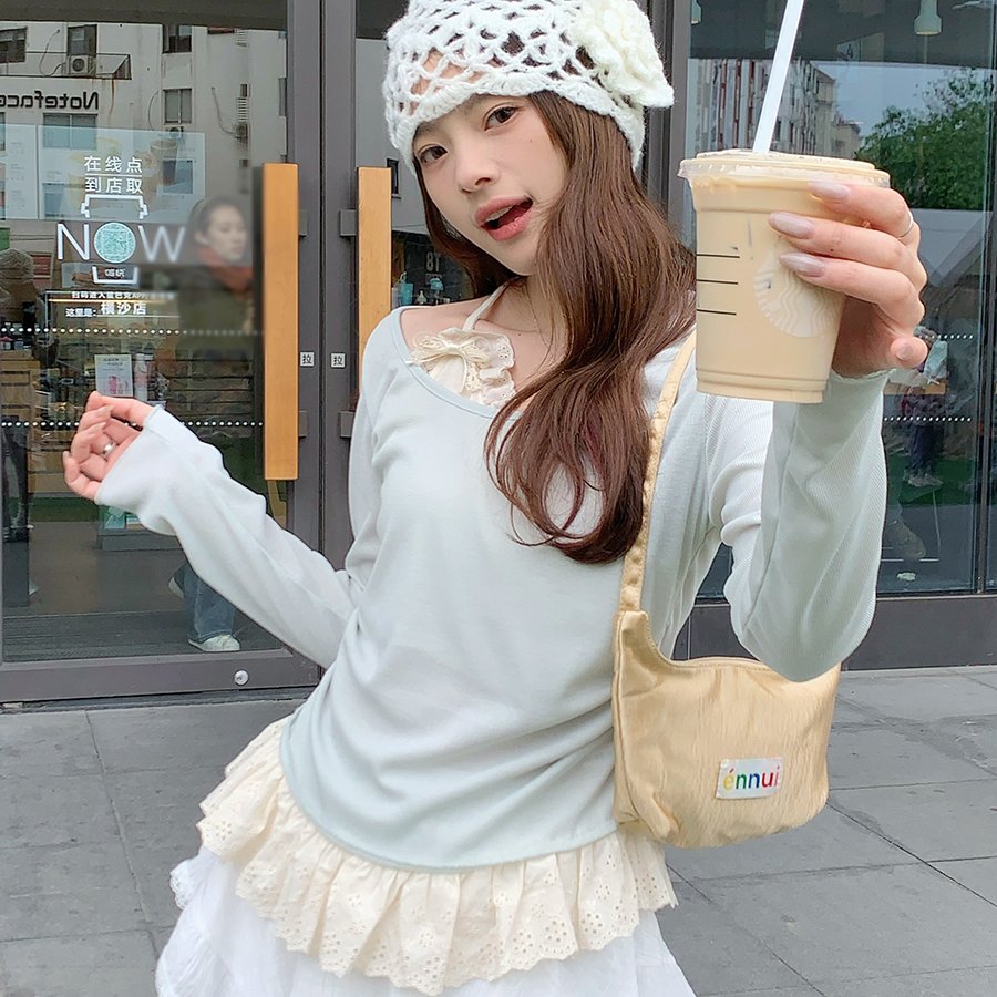 实拍实价纯欲风秋季新款上衣设计感小众假两件花边拼接蝴蝶结T恤