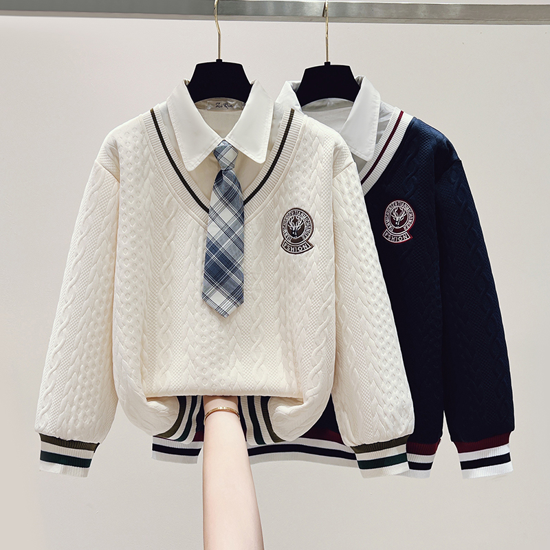 实拍假两件衬衫领长袖卫衣女2025秋冬新款学院风设计感领带上衣