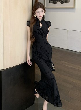 实拍黑色新中式改良立领网纱植绒提花修身绝美旗袍气质包臀连衣裙