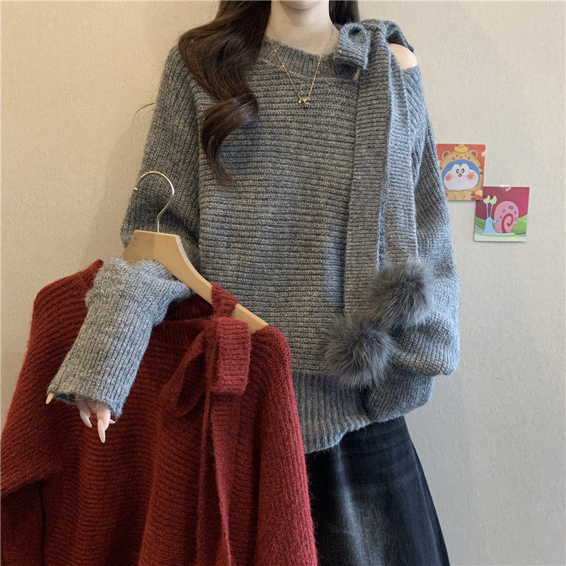 慵懒风软糯毛球系带斜肩露肩毛衣女2025冬大码胖mm红色马海毛上衣,女装/女士精品,大码内搭,淘宝优惠券,粉丝福利购,淘宝优惠卷