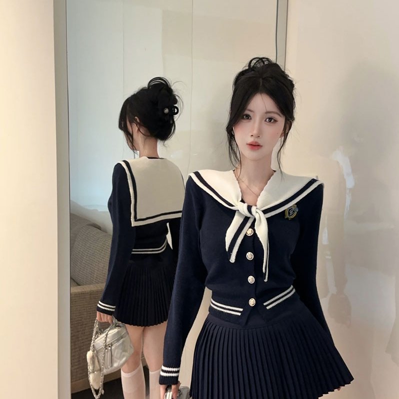实拍实价学院风套装海军领绑带长袖收腰毛衣外套百褶短裙jk两件套