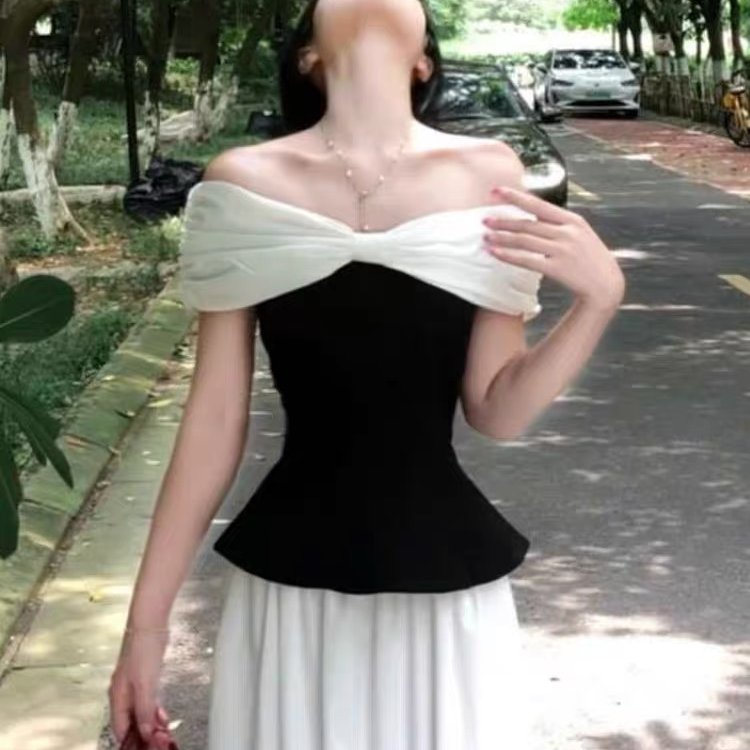 韩系高级感气质一字肩上衣半身裙两件套装一整套ootd穿搭2025夏季