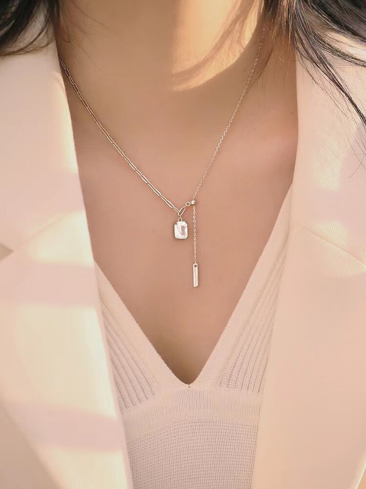 925纯银项链女锁骨链方糖高级感几何吊坠颈链choker可调节ins简约