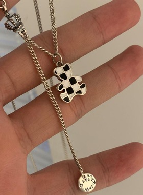 s925银复古棋盘格小熊项链