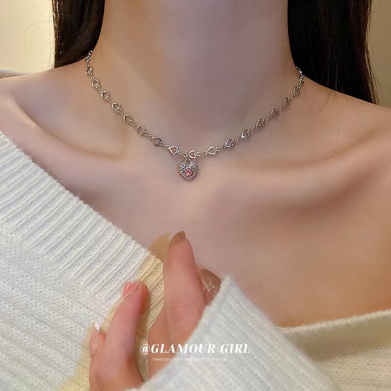韩国东大门镶钻爱心项链高级感个性时尚颈链简约网红项饰女