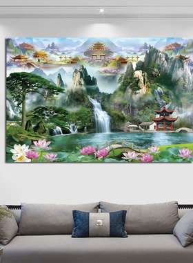 堂口供桌山水画佛仙堂海报装饰贴画客厅亭子山水自粘壁贴画背景墙