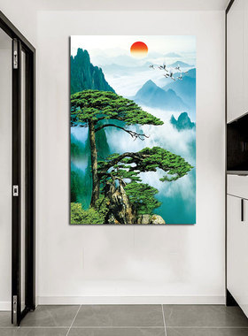 迎客松风景海报画太阳青山旺宅旺业客厅墙壁装饰挂画招财自粘贴画