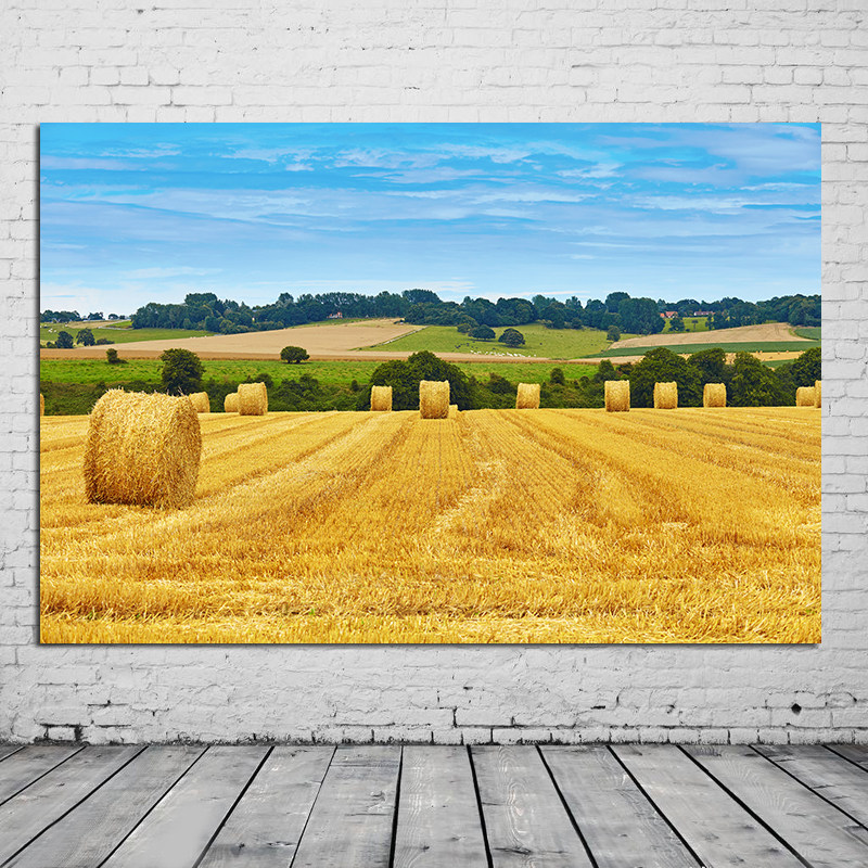 田园风光风景画海报定做麦田麦子图绿色树木壁画居家装饰墙贴定制