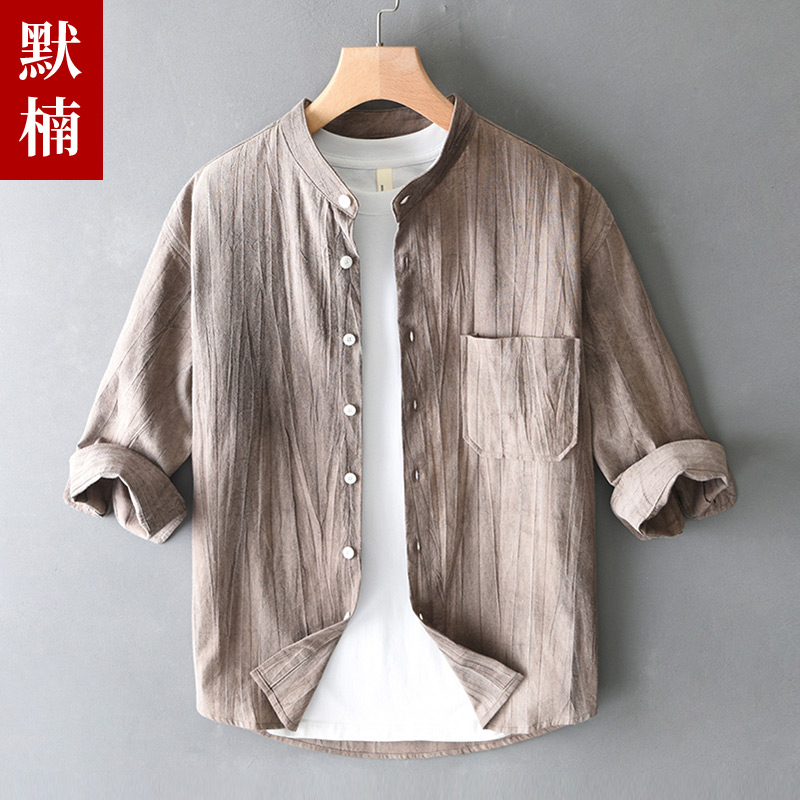 压皱立领七分袖衬衫男复古棉麻中袖开衫夏季新款中青年口袋上衣服