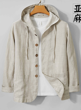 春夏新款纯亚麻衬衫男宽松薄款连帽棉麻白衬衣透气防晒麻料外套潮