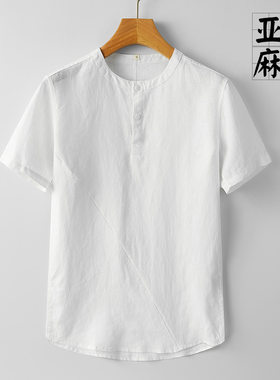 夏季100纯亚麻短袖T恤男五分袖薄款圆领半袖中国风休闲宽松体恤潮