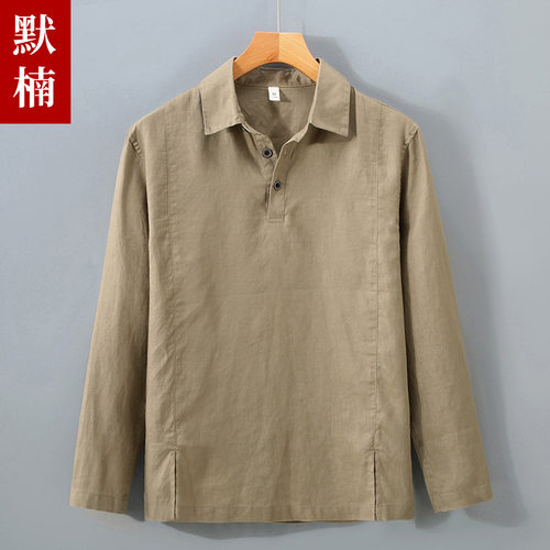 休闲纯亚麻衬衫男士方领套头薄款