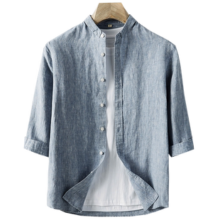 中国风亚麻衬衫男立领宽松休闲七分袖衬衣复古棉麻料7分中袖上衣