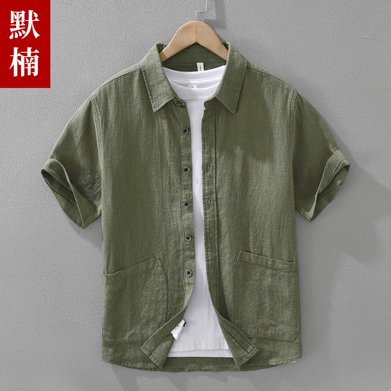 棉麻短袖衬衫男夏季新款方领休闲上衣青年苎麻透气五分袖口袋衬衣