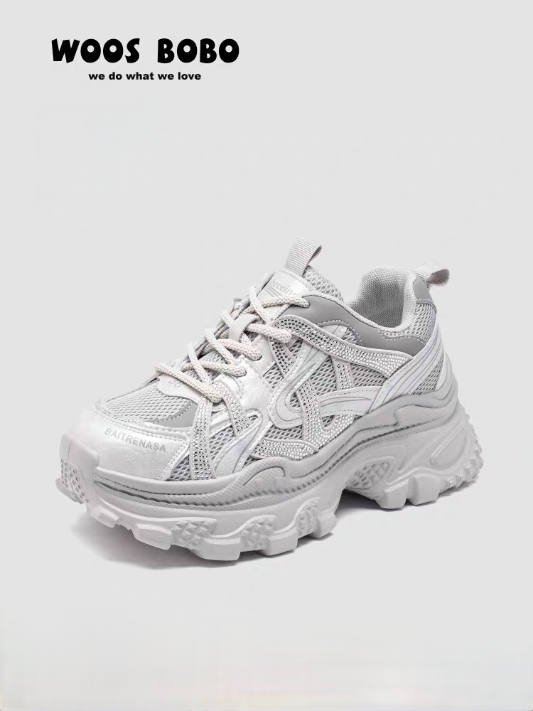 厚底老爹鞋女2025春季新款百搭水钻松糕底网面增高透气休闲运动鞋,女鞋,时尚休闲鞋,淘宝优惠券,粉丝福利购,淘宝优惠卷