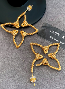 钟楚曦同款镂空四叶草耳环个性夸张大耳饰树叶镂空编织欧美耳钉潮