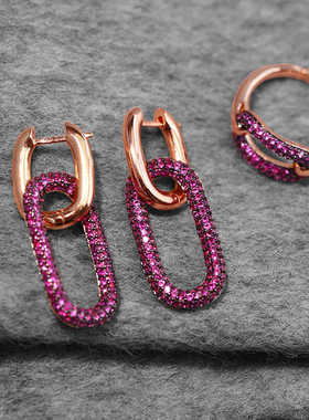 A+环形锁扣耳环女气质欧美时髦玫红色耳环一款两戴气质耳饰戒指潮