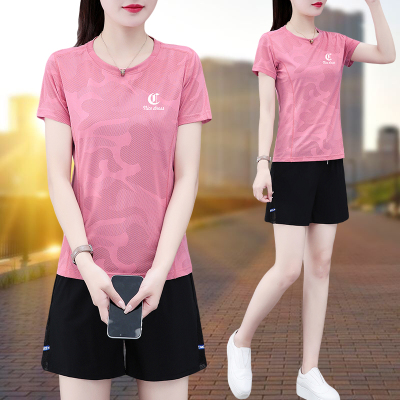 速干冰丝运动套装女夏季薄款2025新款妈妈装短袖短裤跑步服两件套