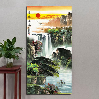 聚宝盆山水画办公室靠山国画富水长流风景挂画客厅沙发背景墙壁画