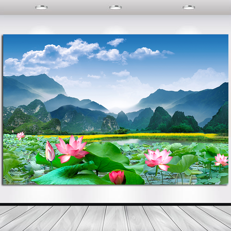 田园风荷花荷池山水风景画客厅沙发背景壁画电视墙影佛堂装饰挂画