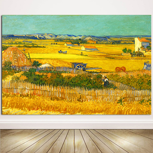 向日葵田园风梵高丰收麦田金黄色田野油画酒店餐厅客厅墙贴自粘画
