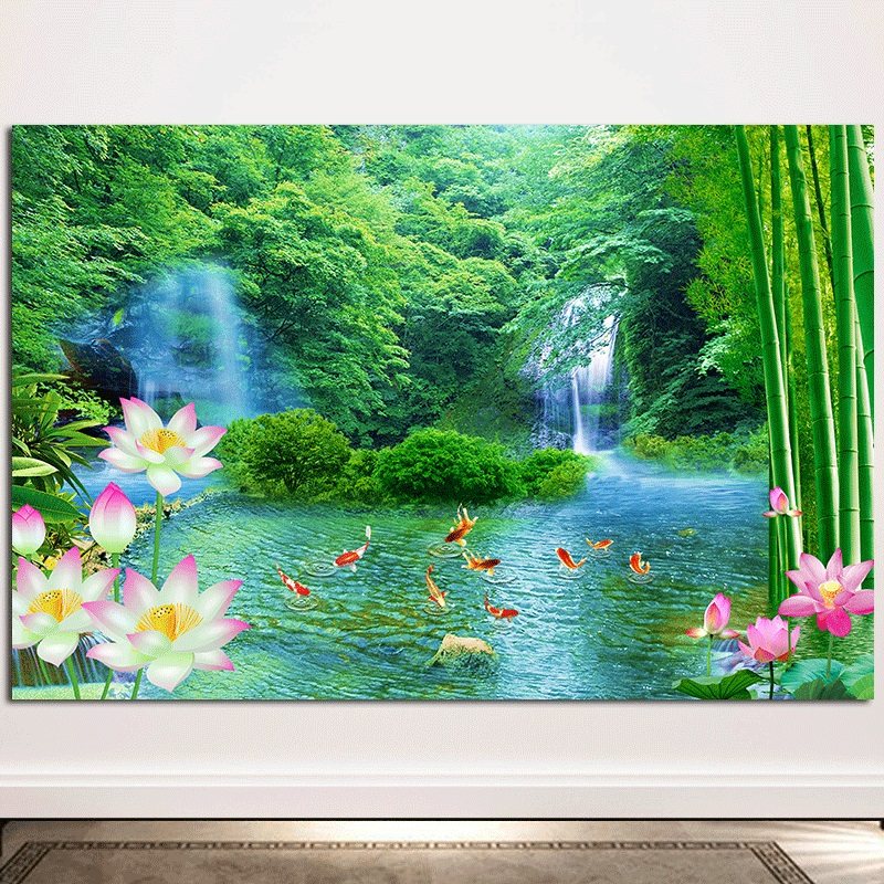 竹子富贵竹流水生财瀑布树木森林绿色风景画九鱼图餐厅墙贴装饰画