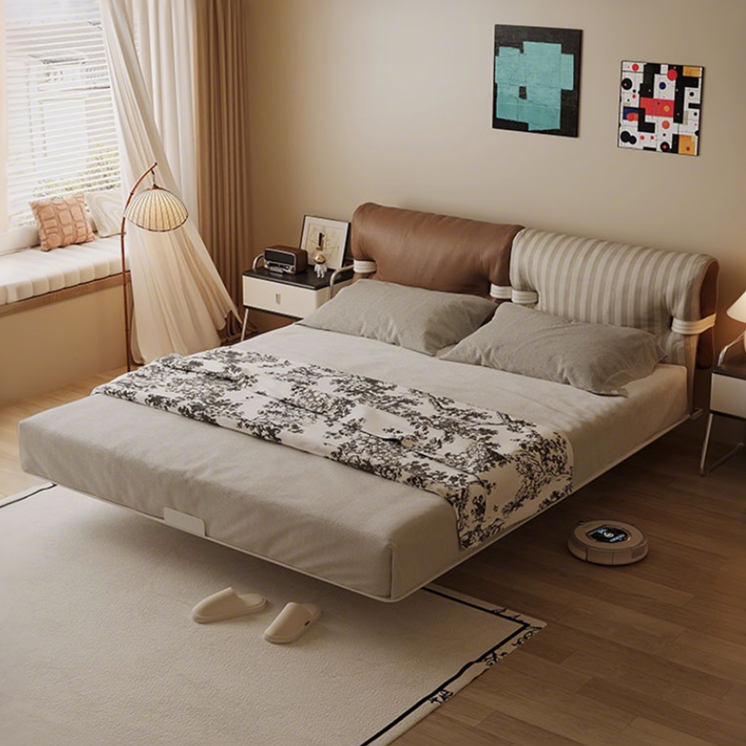 碳素钢悬浮床铁艺小户型中古风真皮布艺双拼1.8米架子床双人婚床