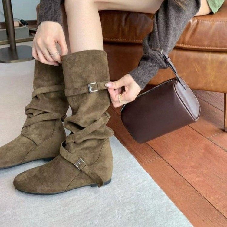 真皮内增高褶皱堆堆靴女2025新款复古西部长筒靴皮带扣显瘦靴子,女鞋,骑士靴,淘宝优惠券,粉丝福利购,淘宝优惠卷