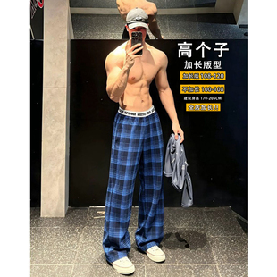 加长版高个子格纹休闲阔腿裤男女秋季新款字母腰带拼接垂感运动裤