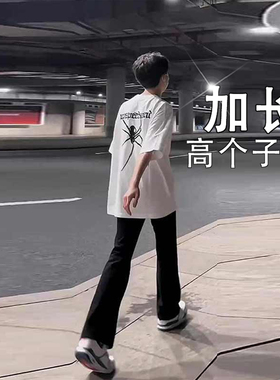 加长纯黑色柳叶弯刀牛仔裤男高个子秋季微喇vibe裤子美式高街窄版