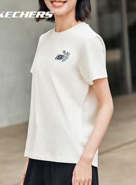 斯凯奇短袖女t恤春季跑步训练透气半袖休闲白色运动上衣L223W125