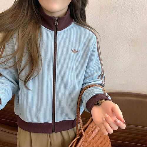 阿迪达斯三叶草蓝色外套女新款情侣运动服男士正品立领华夫格夹克