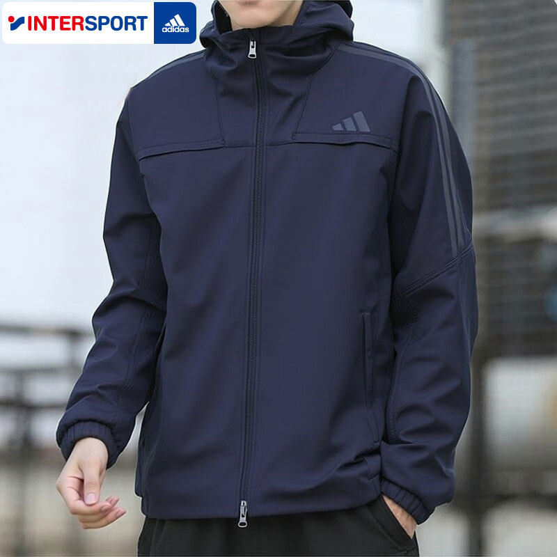 阿迪达斯蓝色加绒外套男春季新款运动服男士正品连帽防风保暖夹克