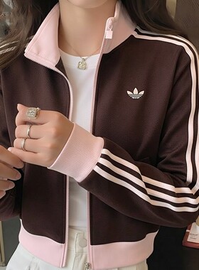 阿迪达斯三叶草三条纹运动外套女2026春季复古撞色立领夹克KD3742