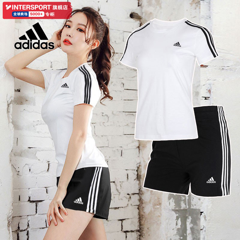 Adidas阿迪达斯短袖短裤正品女2026春季新款运动套装三条纹两件套