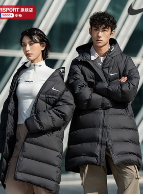 NIKE耐克男黑色羽绒服新款连帽刺绣款时尚休闲保暖长款外套HQ4185
