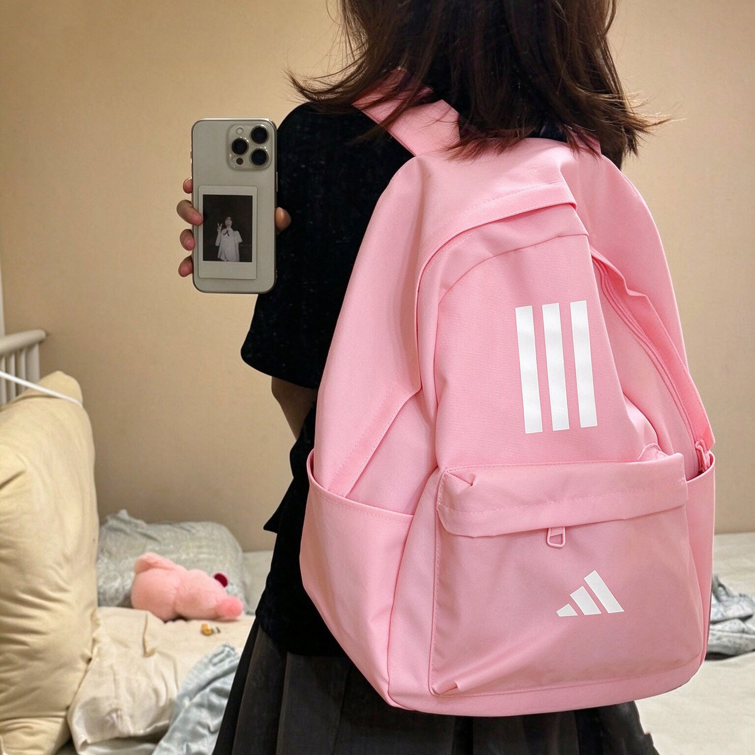 阿迪达斯粉色学生书包女包新款电脑包运动包旅游背包大容量双肩包