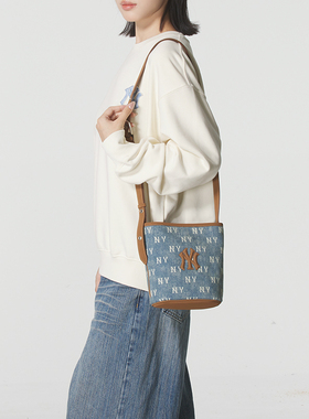 MLB官方情侣水桶包男包女包NY老花满印牛仔斜挎包单肩包3ABMMV55N