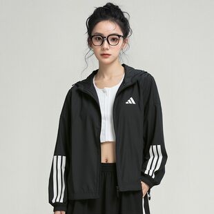 茵特丨阿迪达斯女款外套新款薄款连帽夹克三条杠黑色短款运动上衣