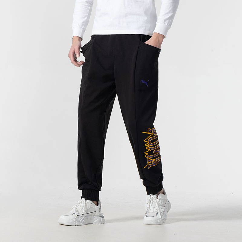 彪马（PUMA）男裤 秋季新款黑色裤子印花束脚运动裤跑步透气休闲