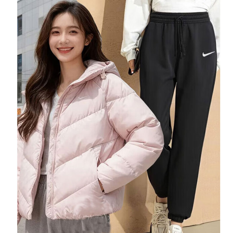 耐克套装粉色羽绒服女装冬季新款防风保暖羽绒外套加绒长裤休闲裤