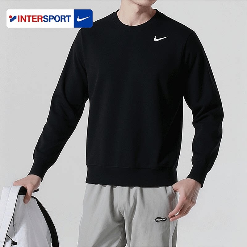 NIKE耐克男款卫衣春季运动服黑色健身长袖圆领套头衫保暖毛圈上衣